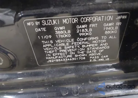 2010 Suzuki Sx4 Technology z USA, uszkodzony, nr VIN JS2YB5A33A6301708